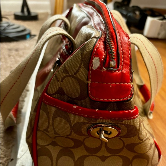 Coach Heritage Stripe Satchel Red leather accents Lot of wear Restoration bag - Picture 6 of 14